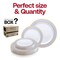 White with Blue and Gold Chord Rim Plastic Dinnerware Value Set (120 Guests)